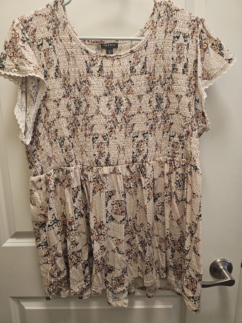 Torrid Cream Floral Smocked Empire Waist Top